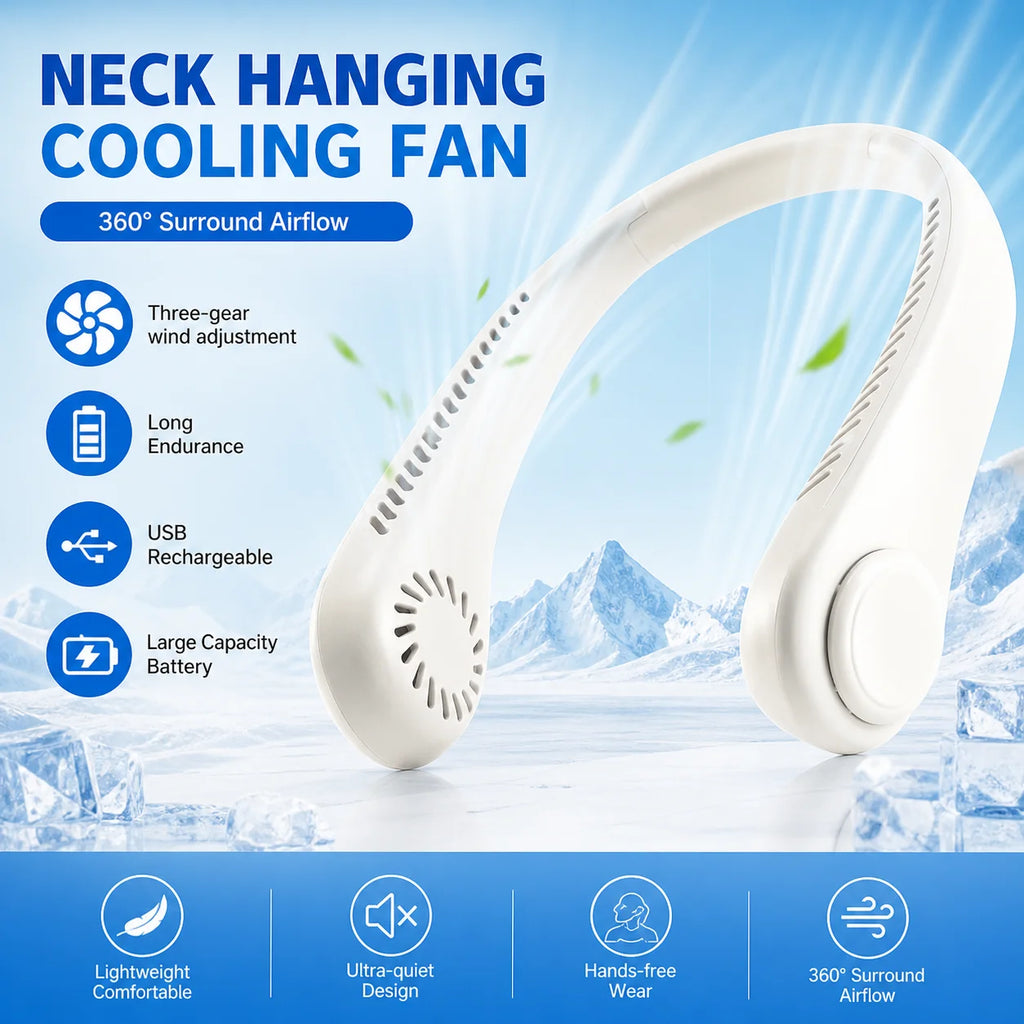2026 New Mini Neck Mounted Fan Portable Bladeless Neck Rechargeable Air Cooler 3 Speed Mini Summer Sports Fan Outdoor Long endur
