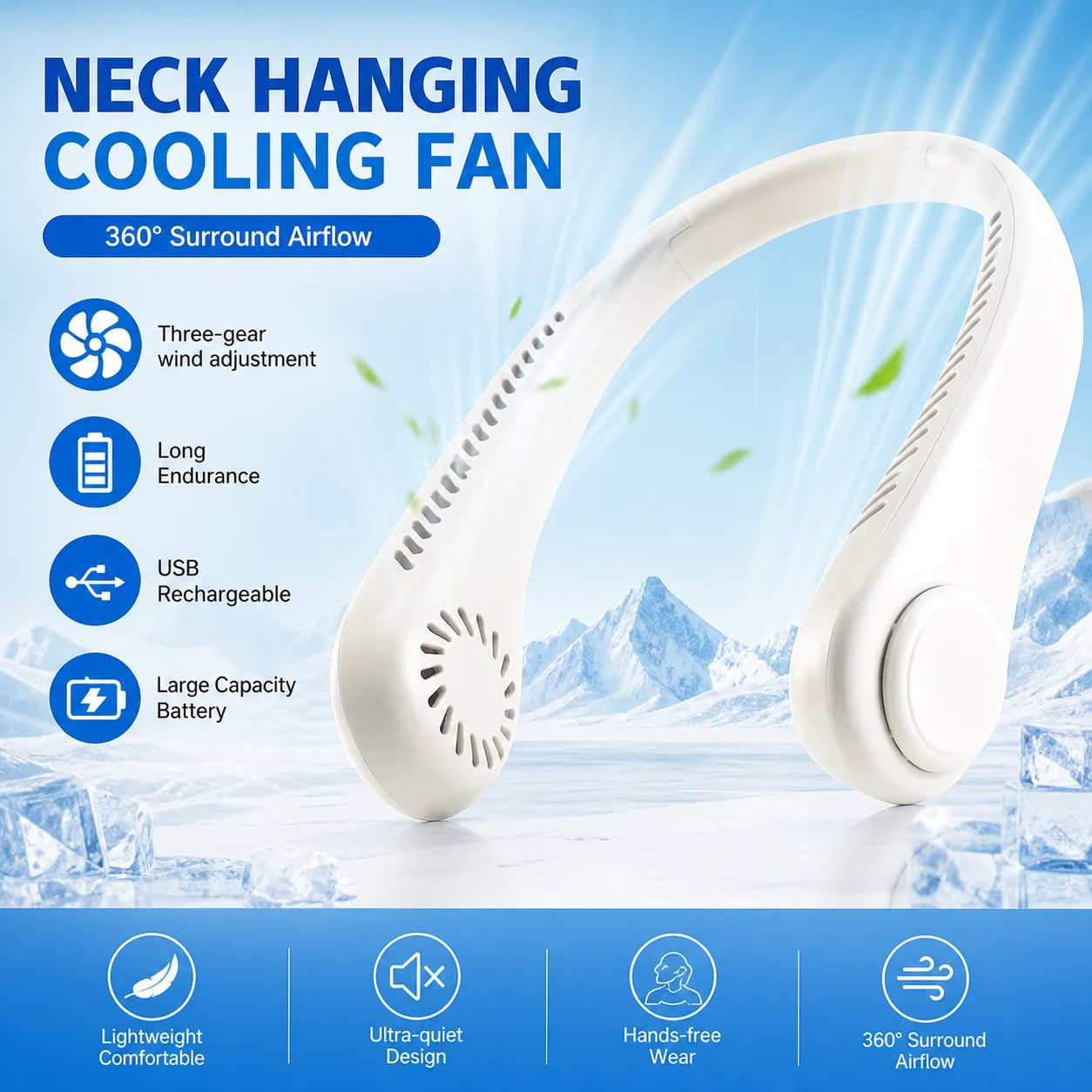 2026 New Mini Neck Mounted Fan Portable Bladeless Neck Rechargeable Air Cooler 3 Speed Mini Summer Sports Fan Outdoor Long endur